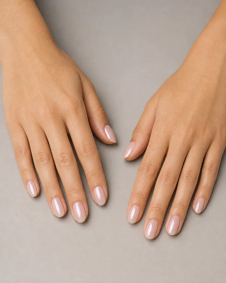 Pearl glaze manicure on natural oval nails